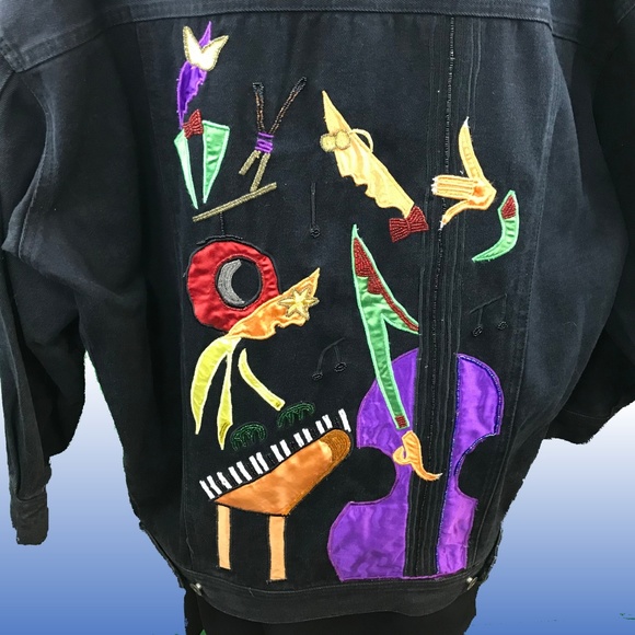 Vintage Cedars 80s Cellos Piano Art Deco Denim Jacket - Picture 6 of 8